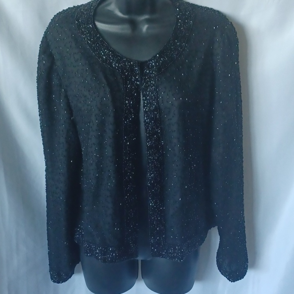 Vintage Stenaz Black Fully Beaded Jacket Long Sleeve Size L, 23" ptp